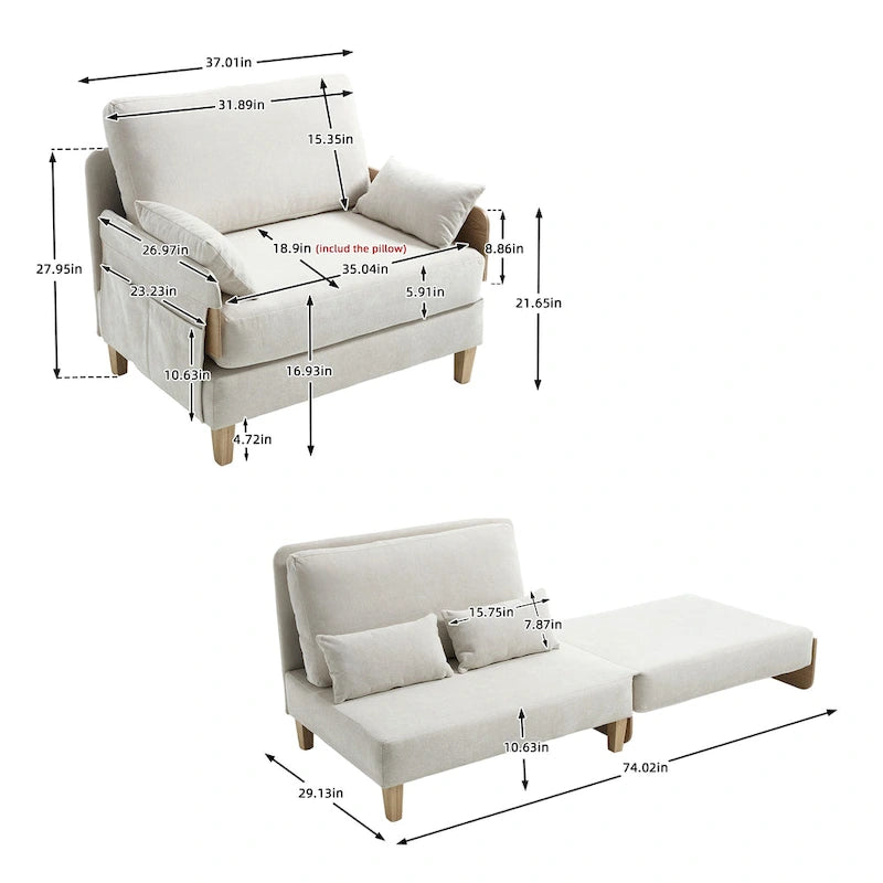 Fauteuil convertible inclinable en chenille avec 3 oreillers