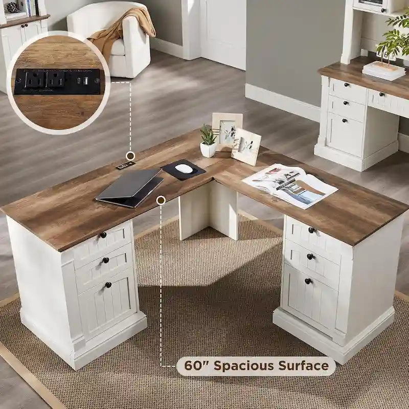 Bureau d'ordinateur de ferme, bureau d'ordinateur en bois avec station de chargement