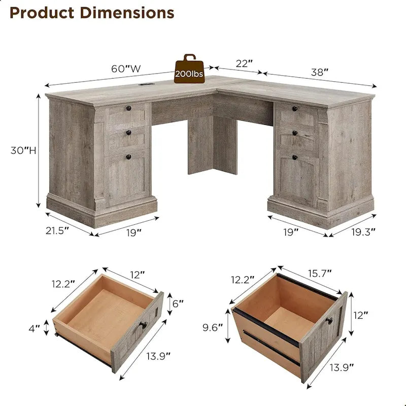Bureau d'ordinateur de ferme, bureau d'ordinateur en bois avec station de chargement