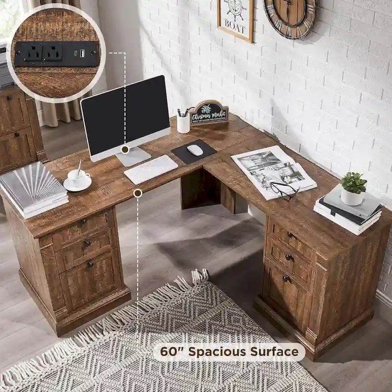 Bureau d'ordinateur de ferme, bureau d'ordinateur en bois avec station de chargement