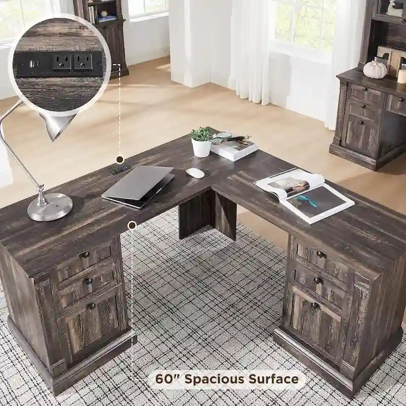 Bureau d'ordinateur de ferme, bureau d'ordinateur en bois avec station de chargement