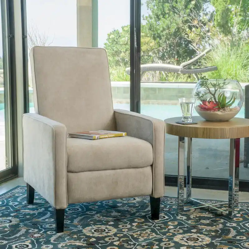 Fauteuil inclinable à dossier rembourré en tissu avec accoudoirs arrondis