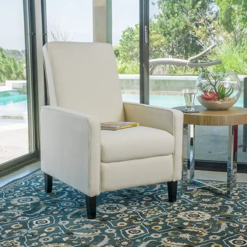 Fauteuil inclinable à dossier rembourré en tissu avec accoudoirs arrondis