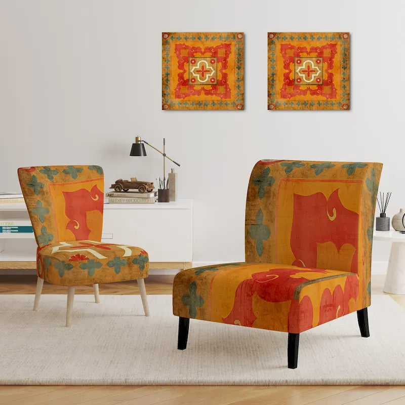 Chaise d'appoint bohème chic rembourrée à motif de carreaux oranges - Fauteuil