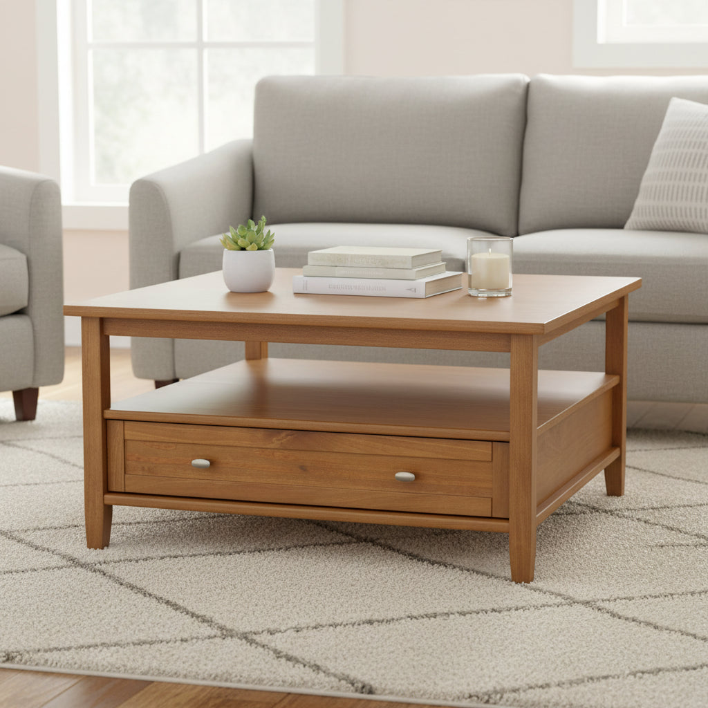 Table basse carrée de style transitionnel en bois massif, 36 pouces de large - 36 x 36 x 18,5