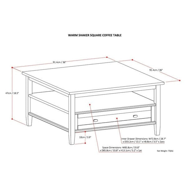 Table basse carrée de style transitionnel en bois massif, 36 pouces de large - 36 x 36 x 18,5