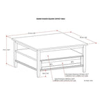 Table basse carrée de style transitionnel en bois massif, 36 pouces de large - 36 x 36 x 18,5