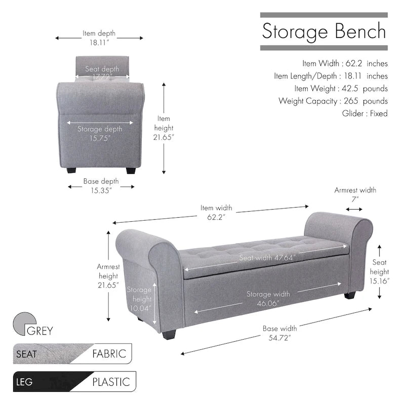 Banc de rangement, Accoudoirs roulés, Rembourrage en tissu