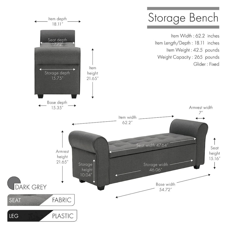 Banc de rangement, Accoudoirs roulés, Rembourrage en tissu