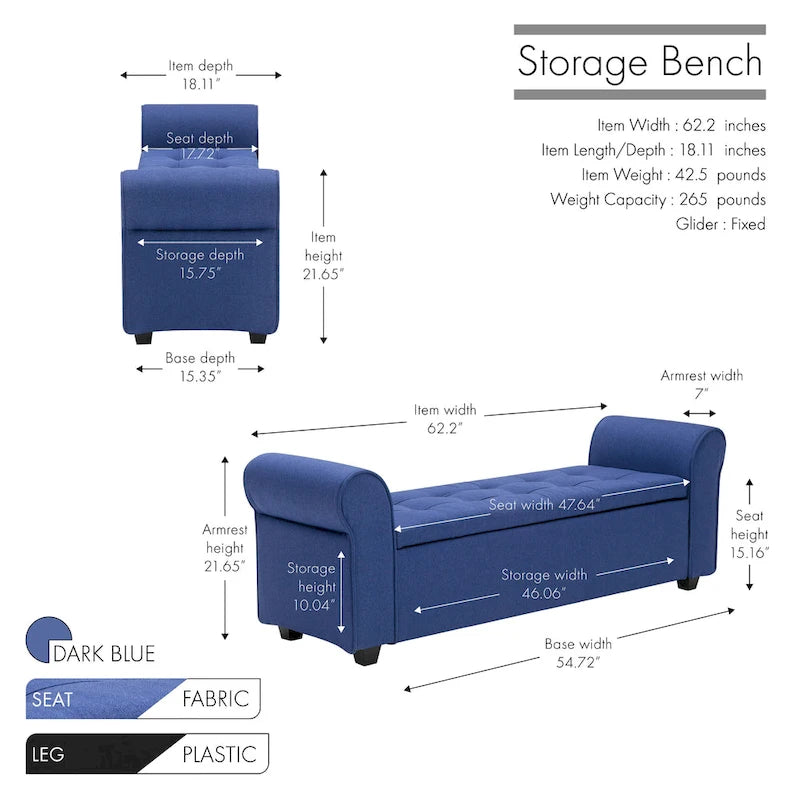 Banc de rangement, Accoudoirs roulés, Rembourrage en tissu