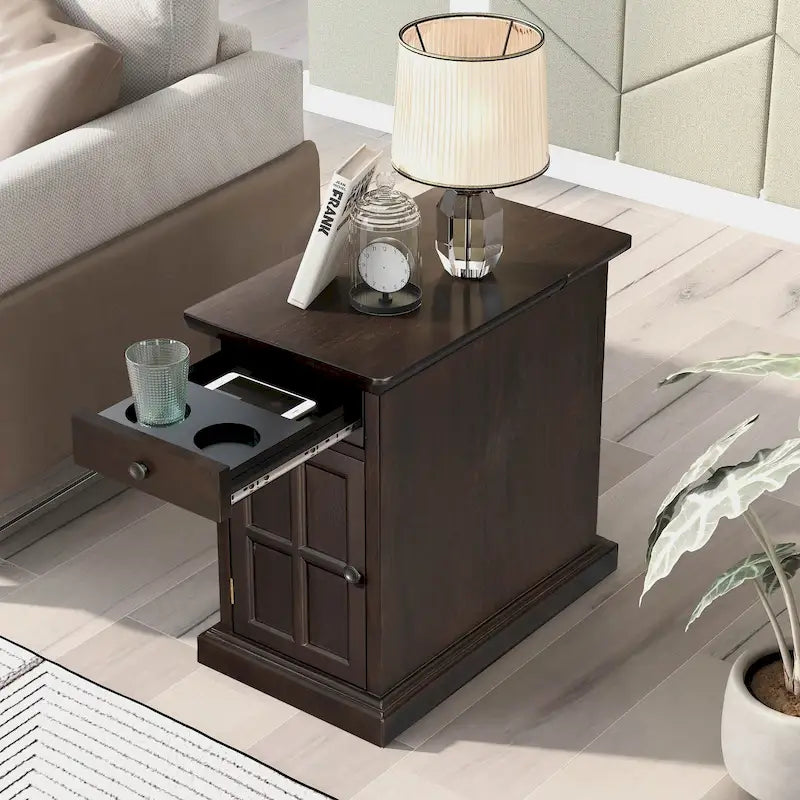 Table d'appoint vintage classique avec ports USB et 1 tiroir multifonctionnel avec porte-gobelets