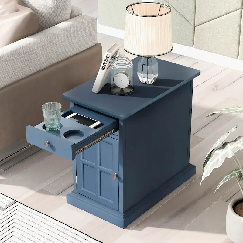 Table d'appoint vintage classique avec ports USB et 1 tiroir multifonctionnel avec porte-gobelets