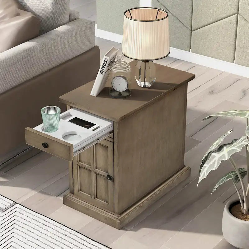 Table d'appoint vintage classique avec ports USB et 1 tiroir multifonctionnel avec porte-gobelets