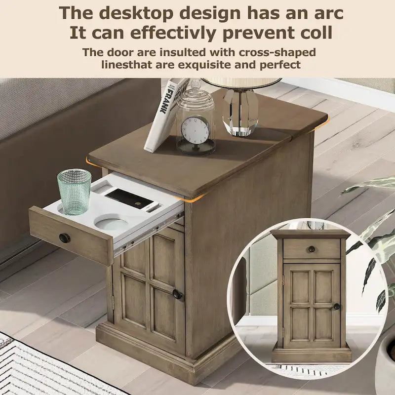 Table d'appoint vintage classique avec ports USB et 1 tiroir multifonctionnel avec porte-gobelets