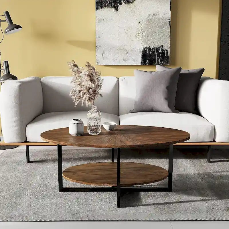 Table basse ovale en bois massif avec pieds métalliques croisés