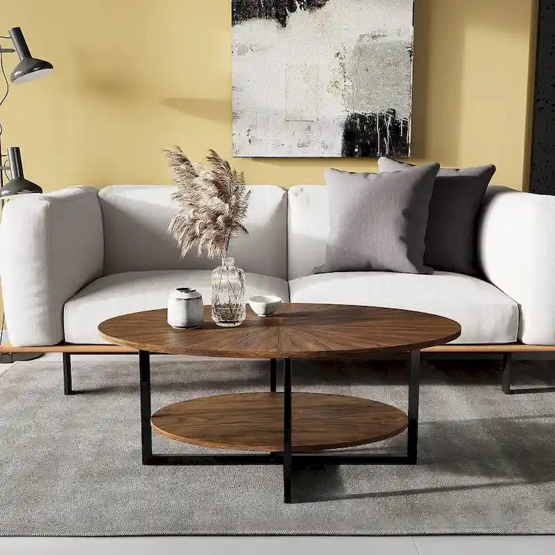 Table basse ovale en bois massif avec pieds métalliques croisés