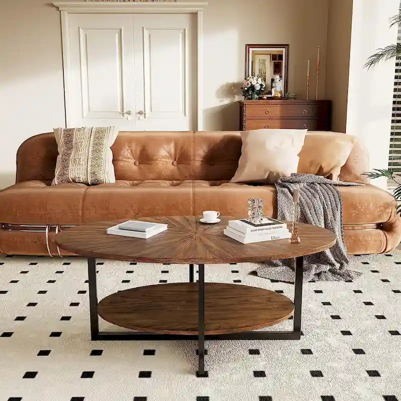 Table basse ovale en bois massif avec pieds métalliques croisés