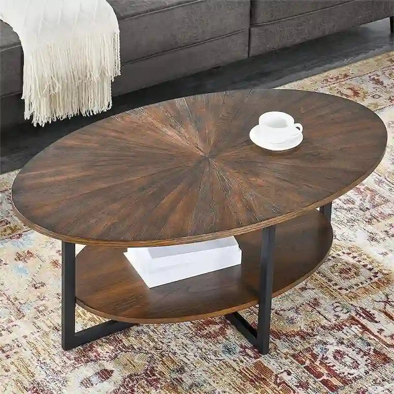 Table basse ovale en bois massif avec pieds métalliques croisés