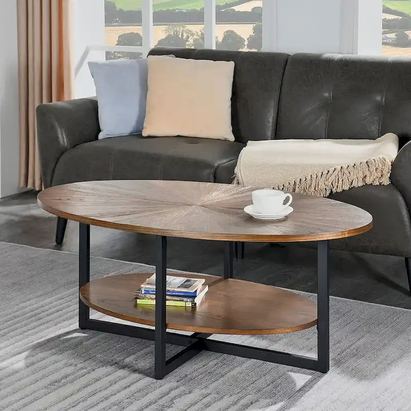 Table basse ovale en bois massif avec pieds métalliques croisés