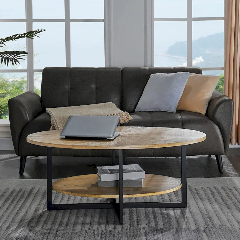 Table basse ovale en bois massif avec pieds métalliques croisés