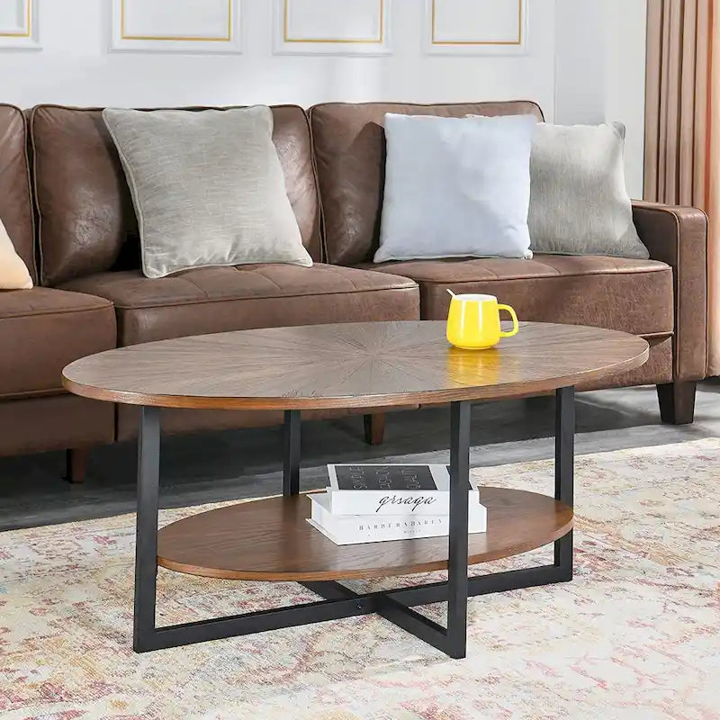 Table basse ovale en bois massif avec pieds métalliques croisés