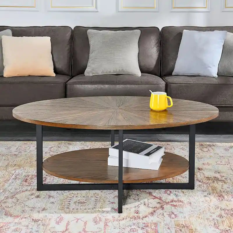 Table basse ovale en bois massif avec pieds métalliques croisés