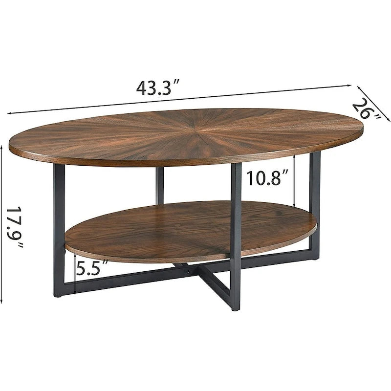 Table basse ovale en bois massif avec pieds métalliques croisés