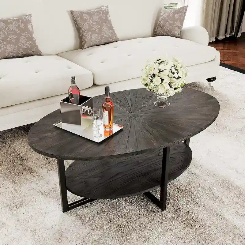 Table basse ovale en bois massif avec pieds métalliques croisés