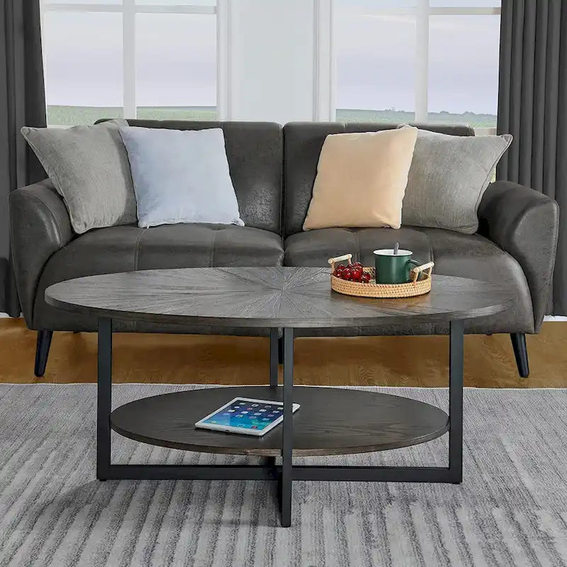 Table basse ovale en bois massif avec pieds métalliques croisés