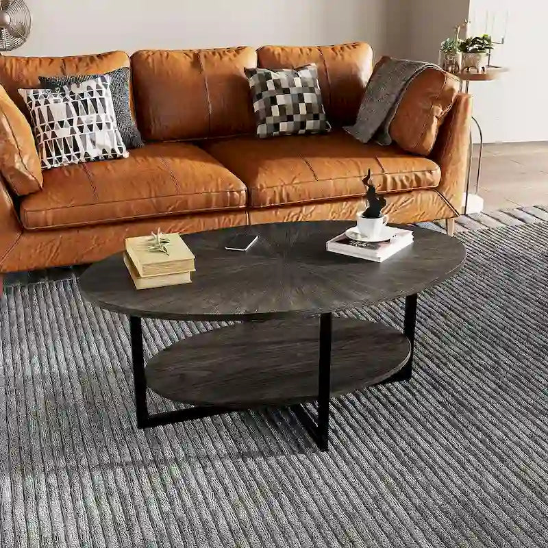 Table basse ovale en bois massif avec pieds métalliques croisés