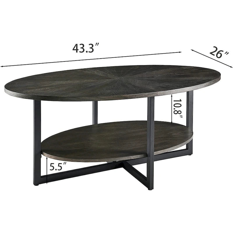 Table basse ovale en bois massif avec pieds métalliques croisés