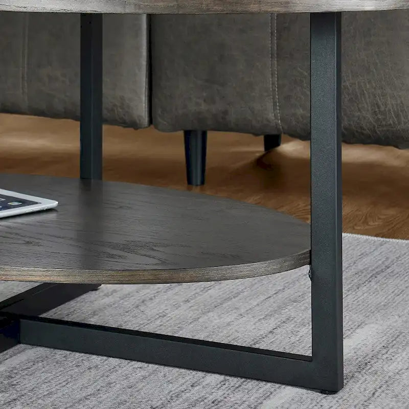 Table basse ovale en bois massif avec pieds métalliques croisés