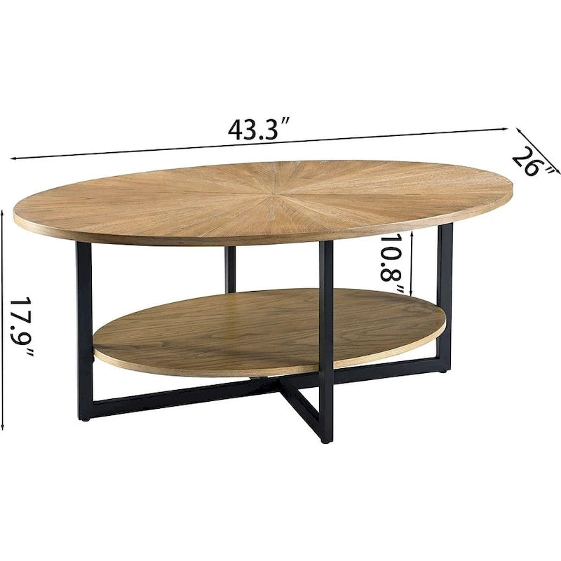 Table basse ovale en bois massif avec pieds métalliques croisés