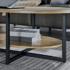 Table basse ovale en bois massif avec pieds métalliques croisés