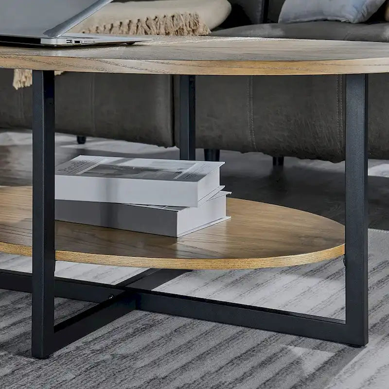 Table basse ovale en bois massif avec pieds métalliques croisés