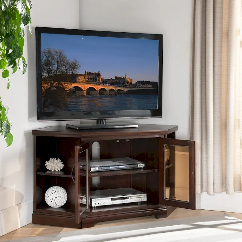 Meuble TV d'angle en bois massif à deux portes