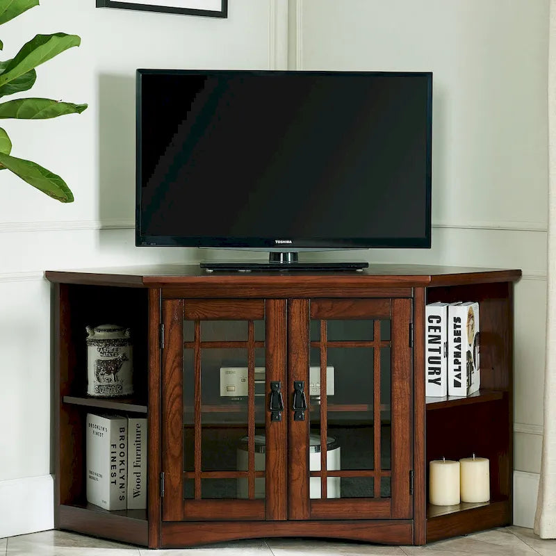 Meuble TV d'angle en bois massif à deux portes