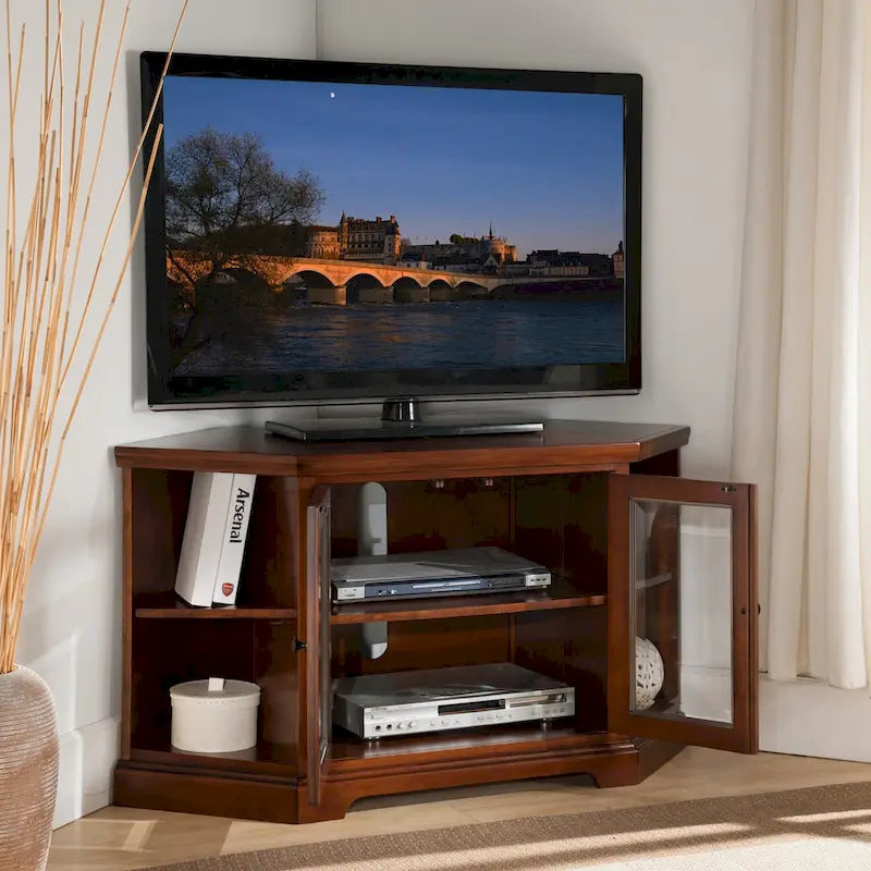 Meuble TV d'angle en bois massif à deux portes