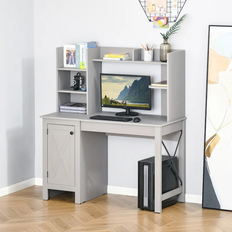 Bureau d'ordinateur de ferme avec étagère supérieure et armoire, Bureau de télétravail avec rangement, pour l'étude