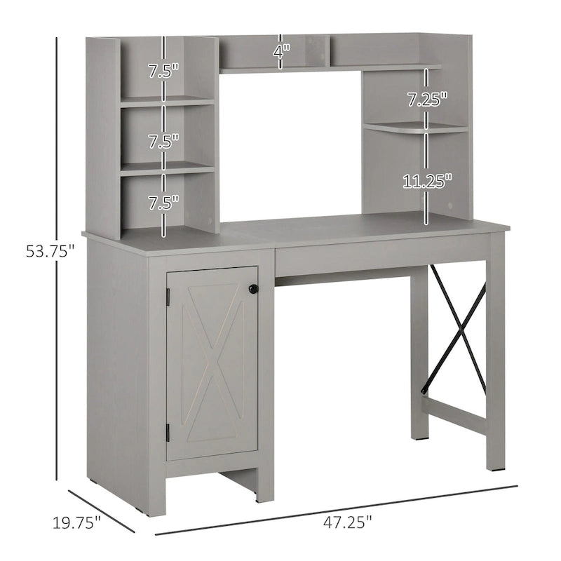 Bureau d'ordinateur de ferme avec étagère supérieure et armoire, Bureau de télétravail avec rangement, pour l'étude