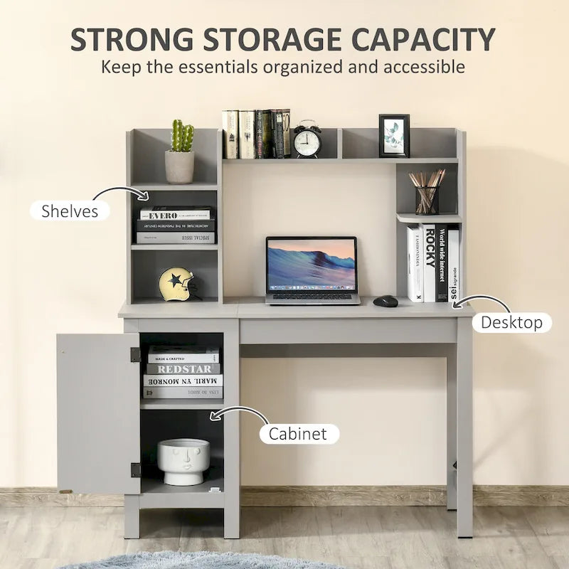 Bureau d'ordinateur de ferme avec étagère supérieure et armoire, Bureau de télétravail avec rangement, pour l'étude