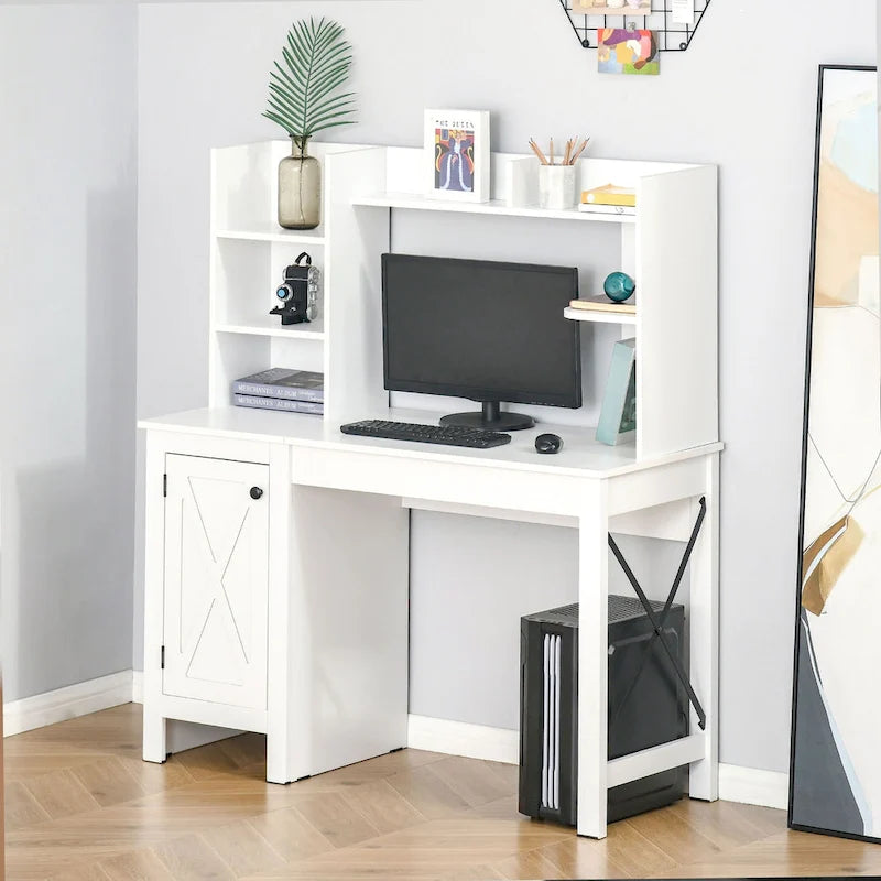 Bureau d'ordinateur de ferme avec étagère supérieure et armoire, Bureau de télétravail avec rangement, pour l'étude