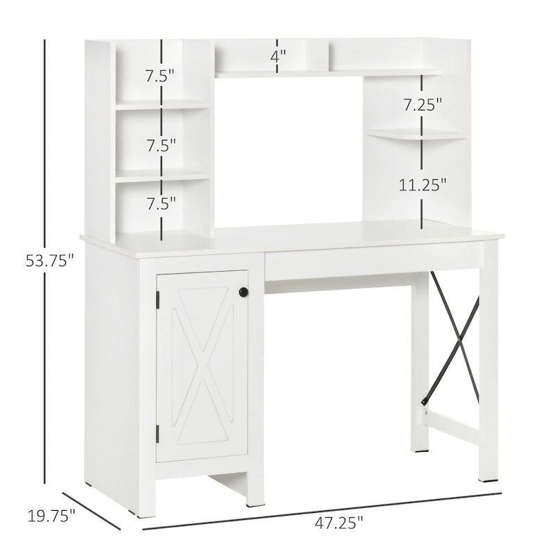 Bureau d'ordinateur de ferme avec étagère supérieure et armoire, Bureau de télétravail avec rangement, pour l'étude