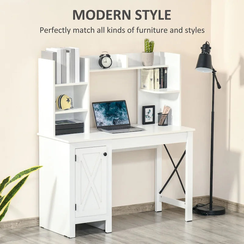 Bureau d'ordinateur de ferme avec étagère supérieure et armoire, Bureau de télétravail avec rangement, pour l'étude