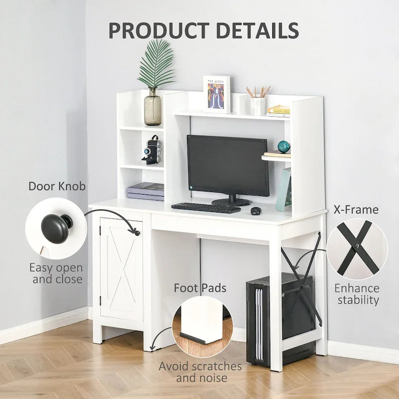 Bureau d'ordinateur de ferme avec étagère supérieure et armoire, Bureau de télétravail avec rangement, pour l'étude