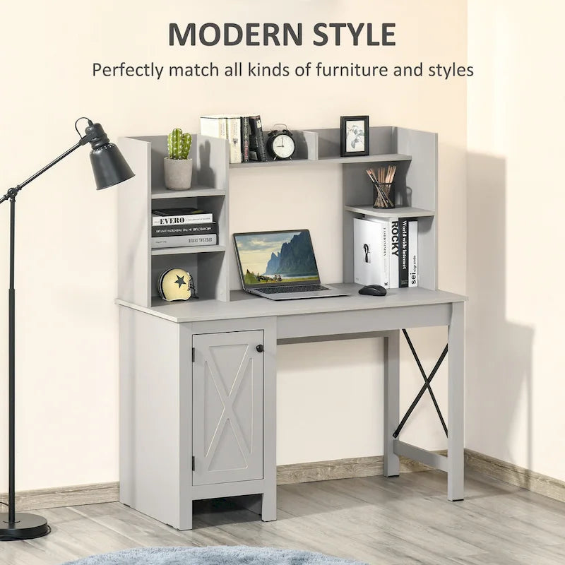 Bureau d'ordinateur de ferme avec étagère supérieure et armoire, Bureau de télétravail avec rangement, pour l'étude