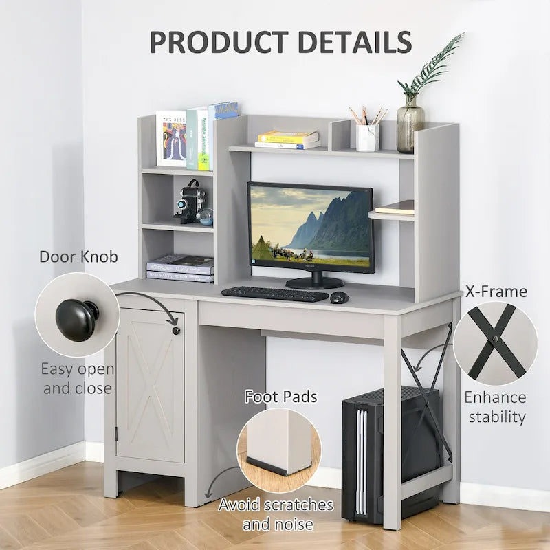 Bureau d'ordinateur de ferme avec étagère supérieure et armoire, Bureau de télétravail avec rangement, pour l'étude