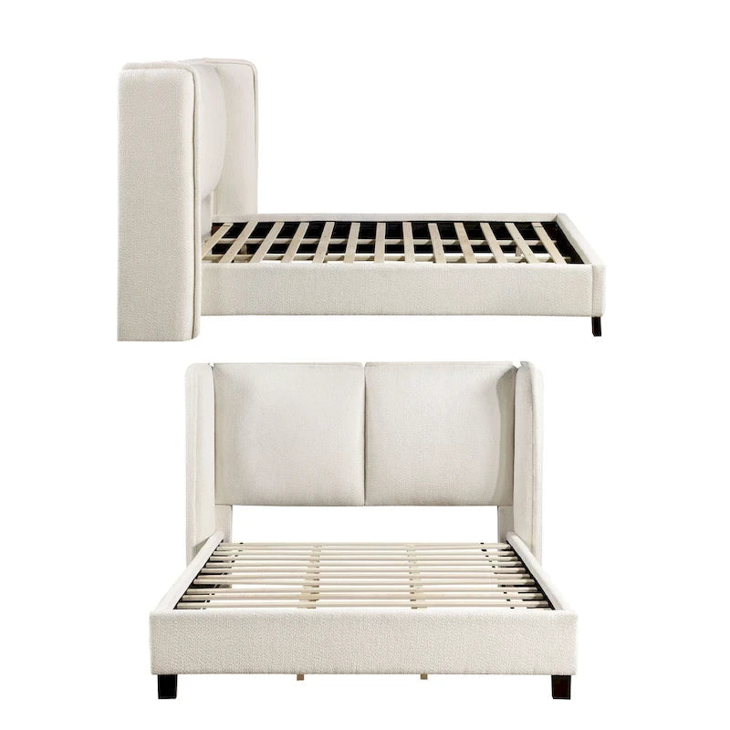 Lit plateforme moderne grand format en tissu résilient, avec tête de lit capitonnée à oreilles.