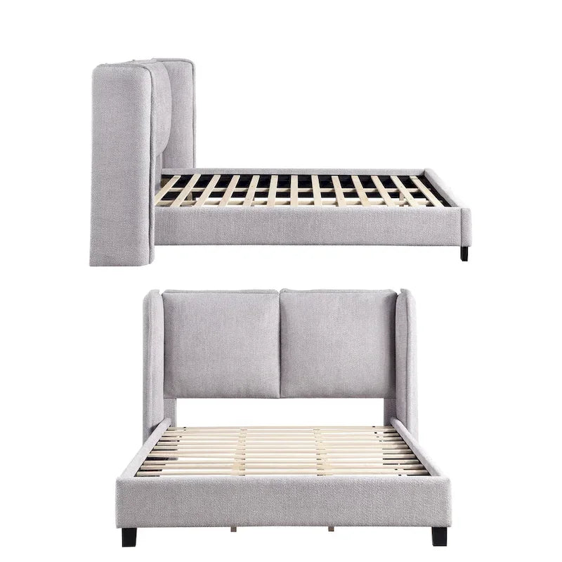 Lit plateforme moderne grand format en tissu résilient, avec tête de lit capitonnée à oreilles.