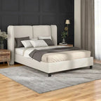 Lit plateforme moderne grand format en tissu résilient, avec tête de lit capitonnée à oreilles.